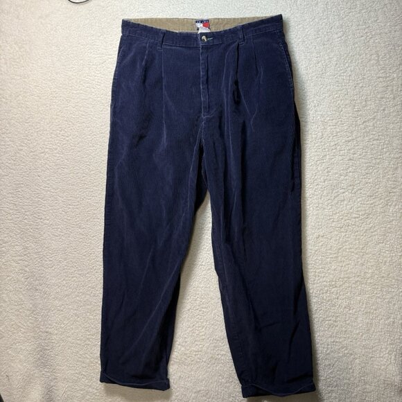 Tommy Hilfiger Corduroy Pants Mens 35x30 Dark Blue Vintage Y2K Pleated Cuffed - Picture 1 of 7